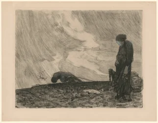 Plovmand med stående kvinde i forgrunden (Forkastet 3. version til blad 1 fra «Bondekrigen», 6. tilstand)