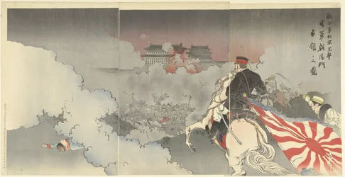 De allierede styrker angriber Beijing; de japanske tropper foran porten til Chaoyang. Rengogun Pekin Hogebi Nichi pistol Ehoyomon senryo no zu (titel på objekt)