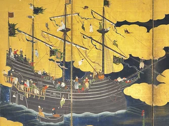 Detalje af Southern Barbarians Come to Trade, et par skærme med seks paneler, tidligt i det 17. århundrede
