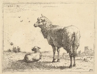 Et modent får i trekvart syn står og kigger til venstre, ved siden af ligger et lam..., ca. 1655.