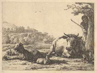 Ko, voksne får og unge får, der ligger i græsset, bagved står en hyrde delvist ..., 1656.