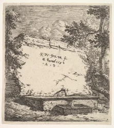 Frontispice med trappefontæne, en stenmur med vandtud, der hælder vand i en rec..., 1652.