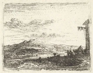 Landskab med hjørne af bygning og markise yderst til højre, to figurer og en hest-..., ca. 1641-78.