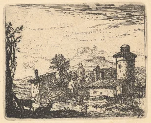 Landskab med to hornede geder i skygge i venstre forgrund, landsbybygninger bagved, ca. 1641-78.