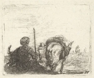 Pakhest, siddende mand med stav i højre hånd og hund, alt set bagfra..., ca. 1641-78.