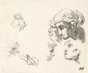Studie af hoveder i profilvisning, en kvinde med hovedklæde og skægget mand, hvis hoveder ..., ca. 1641-78.
