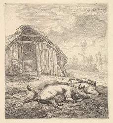 Tre grise liggende på siden, en svinestald og trug bagved, 1652.