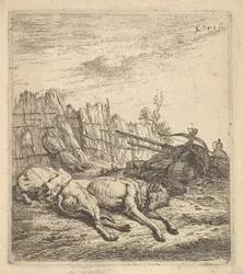 To hunde, der sover på jorden, en plov, landbrugsudstyr, halmklaser og en ..., ca. 1641-78.