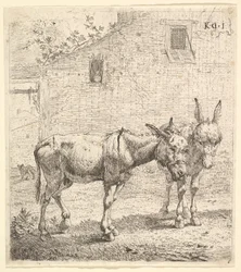 To æsler stående i en græsklædt gård, et i profilbillede mod højre og et andet bag..., 1652.
