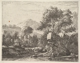 To mænd, der står ankeldybt i en vandmasse med et klippefremspring bag sig, til le..., 1658.