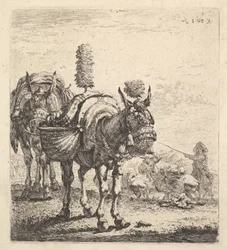 To muldyr, der bærer tasker og udstyret med skyklapper, faner og kvaster, en mu..., ca. 1641-78.