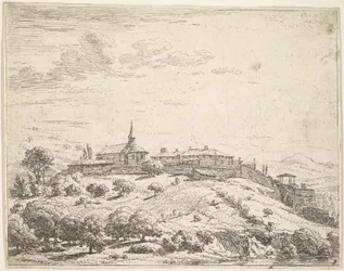 Bymuret landsby på en bakke med kirke til venstre og bygninger opført på skråningen a..., 1658.