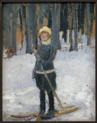 Kvinde på ski i skoven. Kunstværk af Karel Spillar (1871-1939), olie på pap