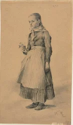 Pige i bondekjole (recto); Skitseark: Kvinder og piger (verso)