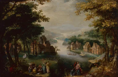 Fundet af Moses med et elegant par, tjener og jæger (olie på træ)