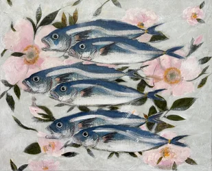 Blå fisk, lyserøde blomster