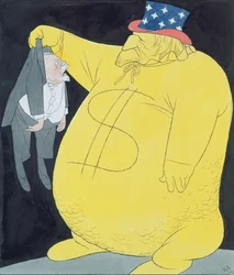 Uncle Sam as a Sack of Dollars with Poincare (akvarel, pen og tusch på papir)
