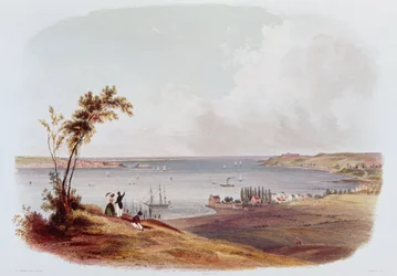 Indgang til New York-bugten, Staten Island, indgraveret af Salathe (farve litho)