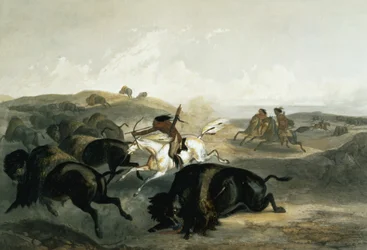 Indianere på bisonjagt, planche 31 fra bind 2 af «Rejser i Nordamerikas indre», graveret af Carl Vogel (1816-51), 1844