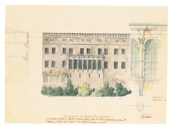 Et design til en ny trappeopgang til den nordlige facade af slottet ved Stettin, med en undersøgelse af loggiaen, et tværsnit af facaden, og en engageret pilaster, ca. 1840 (blyant, pen og blæk og