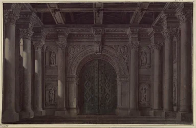 Bruden fra Messina. Sørgespil af Friedrich Schiller. Udkast til 1. og sidste dekoration. Hal med søjler og portal