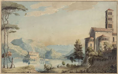 Dekoration til almindelig brug. Landskab med sø og kirke