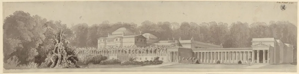 Potsdam-Sanssouci. Antikt landsted ved Charlottenhof Slot. Perspektivisk udsigt fra nordøst