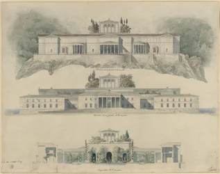 Orianda-slottet på Krim. Klassicistisk udkast. Opstalt af sø- og landsiden, snit gennem det kejserlige hof med Krim-museet og det kronende tempel