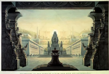 Teaterindretning: Indretning til operaen “La flute enchante (Die Zauberflote) af Wolfgang Amadeus Mozart, på en libretto af Emanuel Schikaneder. Tegning af Karl Schinkel (1781-1841)