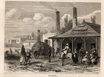 En sukkerfabrik fra Riviere du Rempart på Mauritius, tegning af Karl Girardet (1813-1871), til illustration af Alfred Verneys ophold på Mauritius i 1861. Indgravering i "" Le tour du monde"", redigeret af Edouard Charton