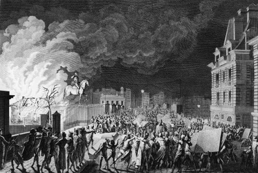 Første af den franske revolution: Brand af vagtkorpset på Pont Neuf i Paris den 29. august 1788. Tegning og gravering af Girardet. Paris, bibliotek for Institut for Revolutionshistorie