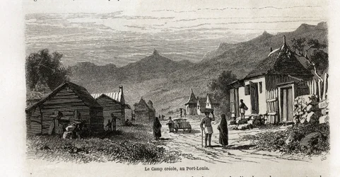 Lejr-kreolen i Port Louis, tegning af Karl Girardet (1813-1871), for at illustrere Alfred Verneys ophold på Mauritius i 1861. Indgravering i "" Le tour du monde"", redigeret af Edouard Charton