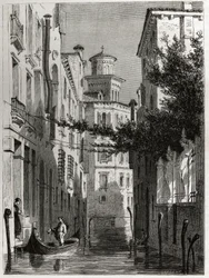 Bianca Cappellos palads i Venezia, Venedig. tegning af Karl Girardet (1813-1871), for at illustrere Adalbert de Beaumonts rejse til Venedig, omkring 1850. Indgravering i “” Le tour du monde””, redigeret af Edouard Charton
