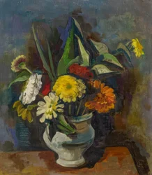 Blomsterbuket i grå vase (zinnias)