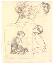 To udkast til "Dreng, der planter" ("Hoppat"), foroven to kvindehoveder