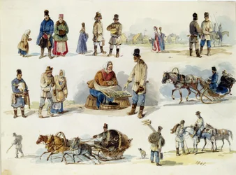 Russiske folketyper. (Folketyper af Rusland). Værk af Karl Ivanovich Kolmann (1786-1846), akvarel på pap