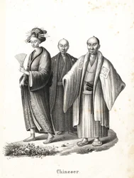 Japansk oiran og samuraier. Japansk kurtisane i kimono med vifte og hårprydelser samt to japanske samuraier med chonmage-frisure, iført montsuki over hakama og med to sværd (katana) i bæltet. (Fejlagtigt betegnet som kinesisk.) Litografi af Karl Joseph