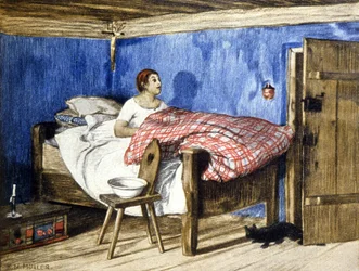Kat på besøg hos en kvinde i sit soveværelse, begyndelsen af det 20. århundrede (illustration)