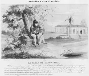 Napoleon I (1769-1821) på øen St. Helena, der forklarer Jean de La Fontaines fabler til Tristan de Montholon, indgraveret af skurk