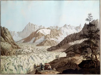 Udsigt over ishavet på Mount Avert nær Chamonix i Alperne Illustration af Karl Hackert (1740-1800) (ec.all.) 1781 Frankfurt. Stadelsches Kunstinstitut