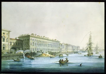 Udsigt over paladsdæmningen i St. Petersborg. Maleri af Karl Petrovich Beggrov (1799-1875). Akvarel og blæk på papir, ca. 1830, russisk kunst fra 1800-tallet, klassicisme. Statens russiske museum, Sankt Pet