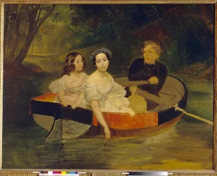 Selvportræt med baronesse Yekaterina Meller Zakomelskaya (Meller-Zakomelskaya) og hendes datter i en båd. Maleri af Karl Pavlovich Briullov (Bryullov) (1799-1852), olie på lærred