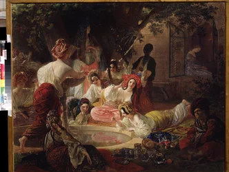 The Fountain of Bahcesaray (Tyrkiet) (The Fountain of Bahcesaray). Kvinder i et harem leger med vand fra en fontæne i en guldfiskedam Maleri af Karl Pavlovich Briullov (Briullov) (1799-1852). Olie på lærred