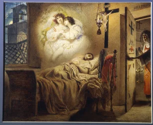 Mareridt af en nonne. En ung sovende nonne drømmer om en amorøs affære, mens overordnet moder åbner døren til sin celle. Værk af Karl Pavlovich Briullov (Briullov) (1799-1852), akvarel på pap