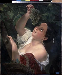Italiensk middag (italiensk middag). Ung kvinde, bar skulder, plukker en klase druer - Maleri af Karl Pavlovich Briullov (Briullov) (1799-1852) - Olie på lærred