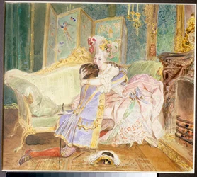 Stævnemøde: kys mellem en sort mand og en hvid kvinde fra den russiske adel - Illustration til romanen »Le Negre de Pierre le Grand« af Aleksandr Pusjkin (1799-1837), baseret på Abraham Hannibals (Abram Petrovitj Gannibal) (1696-1781) liv - O