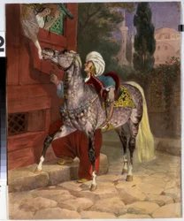 Mød i Konstantinopel (nu Istanbul, Tyrkiet). En ung mand i en turban bejler til en ung pige, der læner sig ud ad vinduet for at tilbyde sukker til sin hest. I baggrunden basilikaen og moskeen Saint Sophia. Kunstværk af Karl Pavlovich