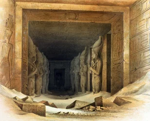 Kæmpe kalkstensstatuer af Ramses II (Ramses - 1304-1237 f.Kr.). Litografi efter Karl Richard Lepsius (1810-1884), preussisk egyptolog. De holder hver især en kæp og en slagle, symboler på kongedømme.