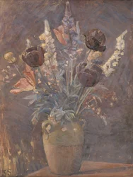 Lervase med tulipaner og andre blomster af Karl Schou