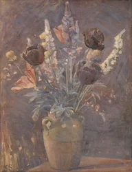 Lervase med tulipaner og andre blomster